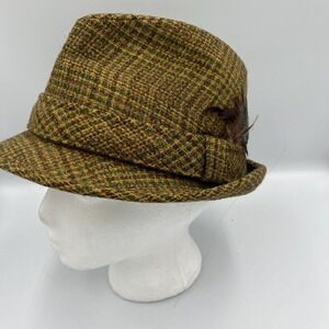 Vintage Plaid Trilby Hat with Jaunty Feathers Yellow Green Classic Unisex Mens 7